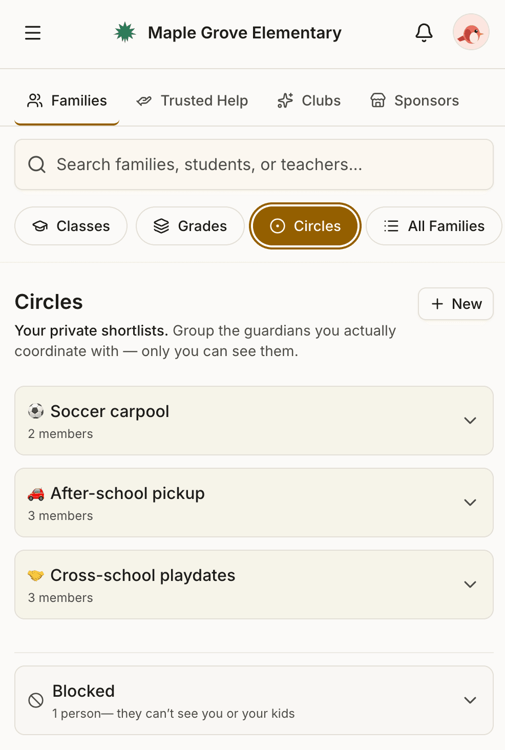 Sarah Chen's Circles view in Roost. The "After-school pickup" circle is expanded, showing three members: Anna Carter with email, phone, and text icons; Ben Liu with a "Private" chip and "Contact info not shared"; Marcus Patel with email icon only. Other circles like Soccer carpool and Cross-school playdates collapsed above and below.