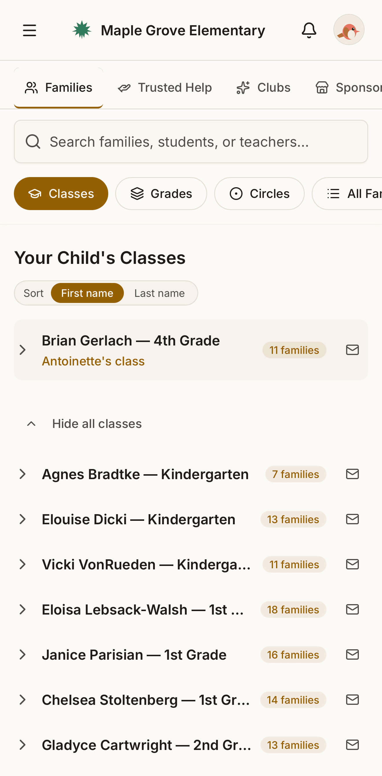 A guardian's Classes view in Roost at Maple Grove Elementary. A section titled Your Child's Classes pins Brian Gerlach's 4th grade (Leticia's class) at the top in a gold-tinted card showing 14 families, with an email-the-class icon. Below, the remaining classes are listed — Agnes Bradtke and Elouise Dicki (Kindergarten, 10 families each), Vicki VonRueden and Eloisa Lebsack-Walsh (Kindergarten, 7 families each) — with a Sort by first or last name toggle and a Hide all classes control.