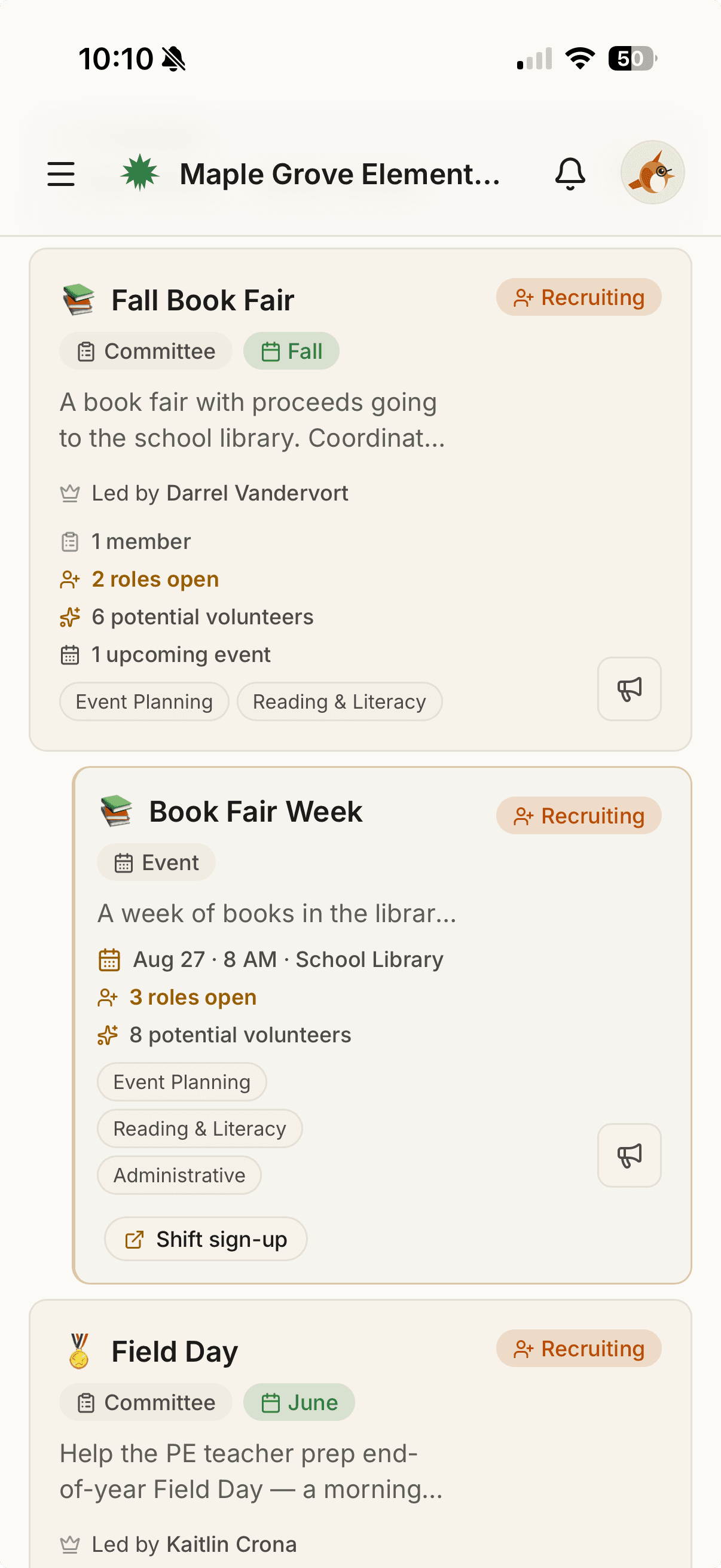 The Clubs tab at Maple Grove Elementary in Roost, filtered to committees. The Fall Book Fair committee card is marked Recruiting and shows: led by Darrel Vandervort, 1 member, 2 roles open, 6 potential volunteers, 1 upcoming event, tagged Event Planning and Reading & Literacy. Below it, a Book Fair Week event card, also Recruiting, dated Aug 27 at 8 AM in the School Library, with 3 roles open, 8 potential volunteers, and a Shift sign-up button. A Field Day committee card follows, also Recruiting, led by Kaitlin Crona.