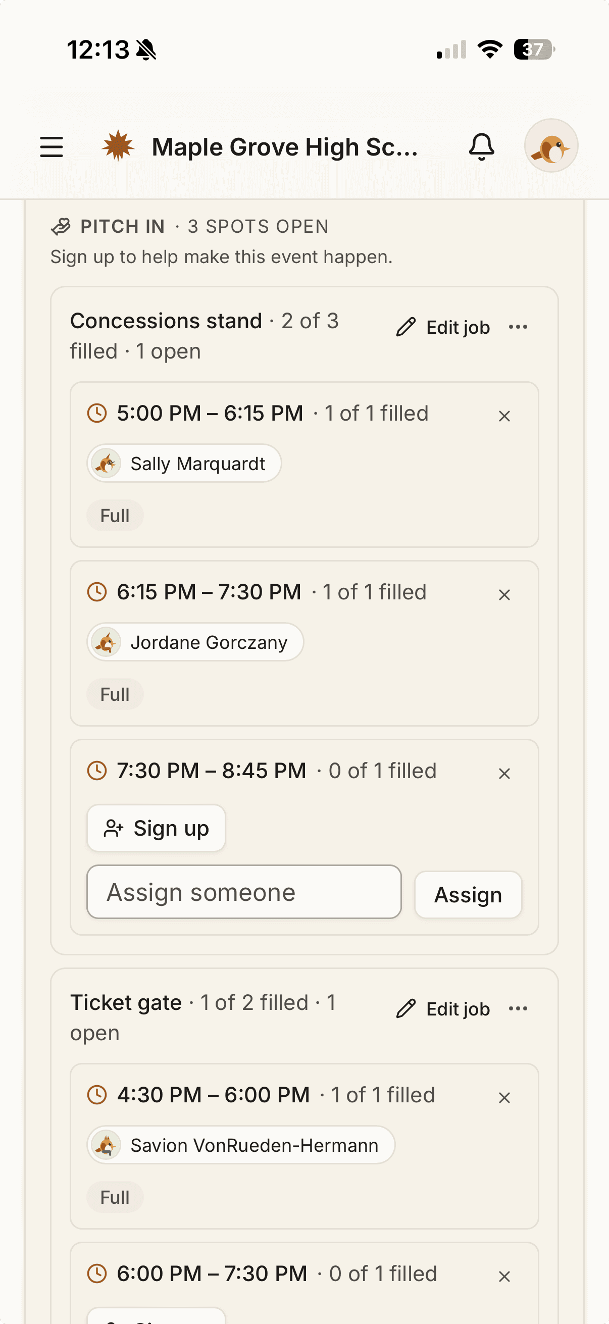 A Homecoming Game shift sign-up at Maple Grove High School. The Concessions stand job (2 of 3 filled) is split into time-slots — 5:00–6:15 PM and 6:15–7:30 PM filled by volunteers, 7:30–8:45 PM still open with a Sign up button. Below it the Ticket gate job (1 of 2 filled) shows one filled slot and one open.