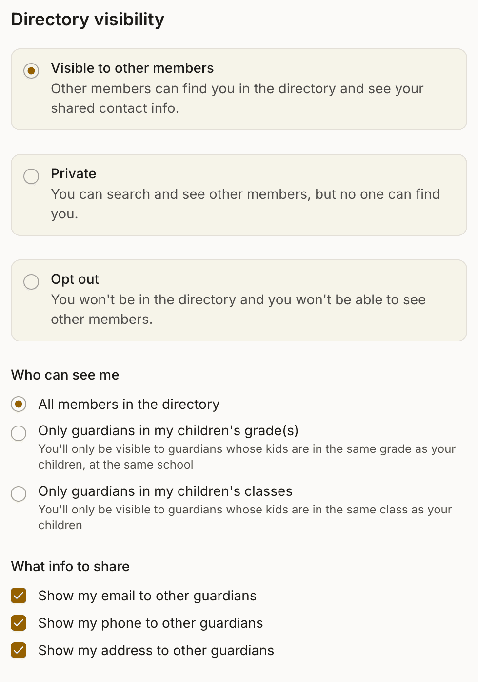 Sarah Chen's profile in Roost. Directory visibility set to Visible to other guardians. Below it, three Who can see me options: All families at the school (selected), Only guardians in my children's grade(s), Only guardians in my children's classes. Sharing toggles for email, phone, and address below.