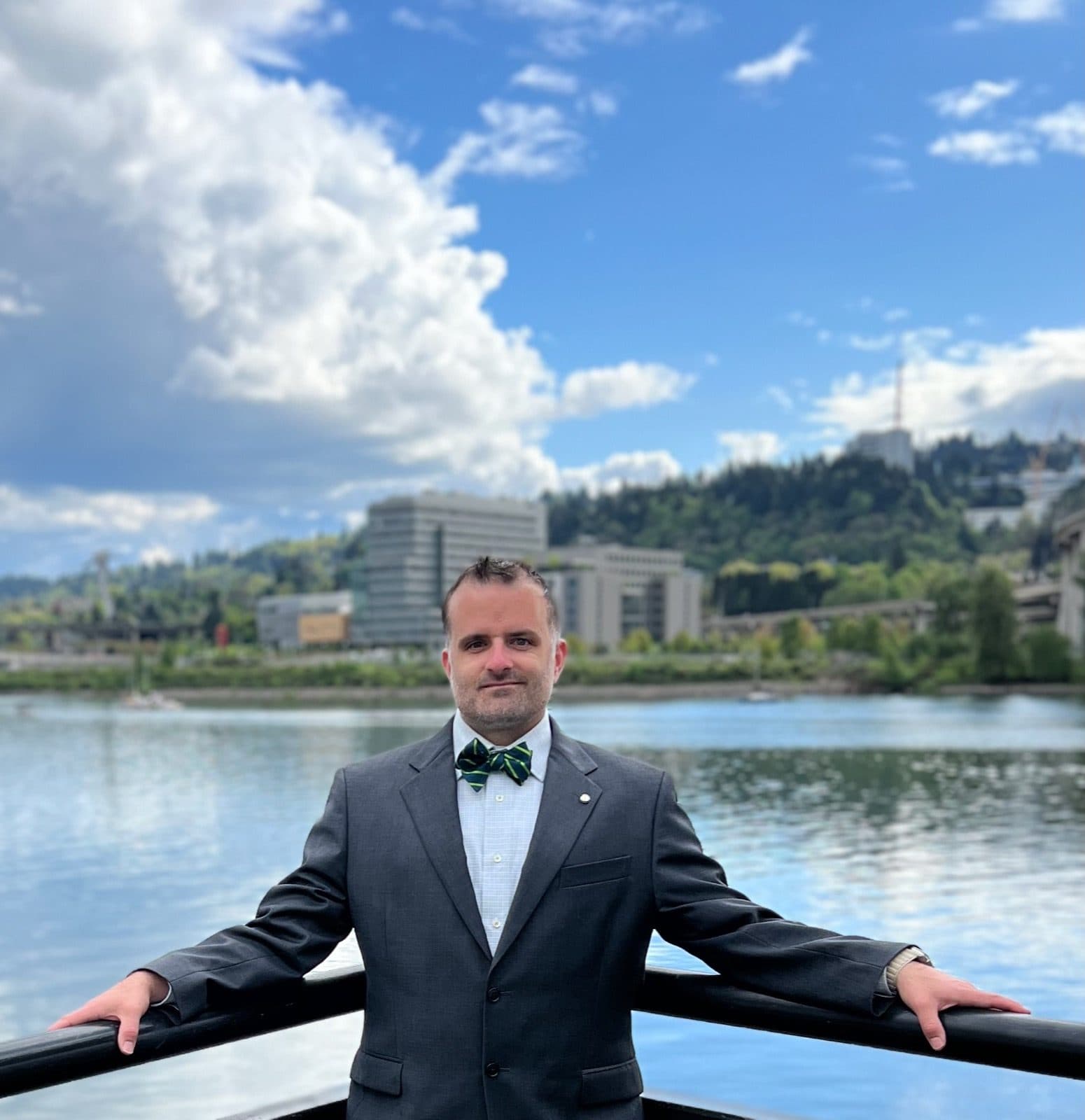 Jeremy Myrland in front of the Portland skyline